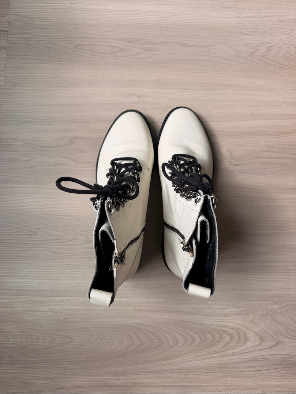 Rebecca Minkoff White Lace-Up Ankle Boots with Black Trim
